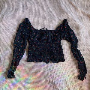 planet gold cherry print black xs blouse